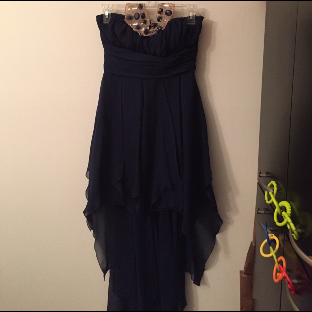 Navy formal dress with jeweled neckline