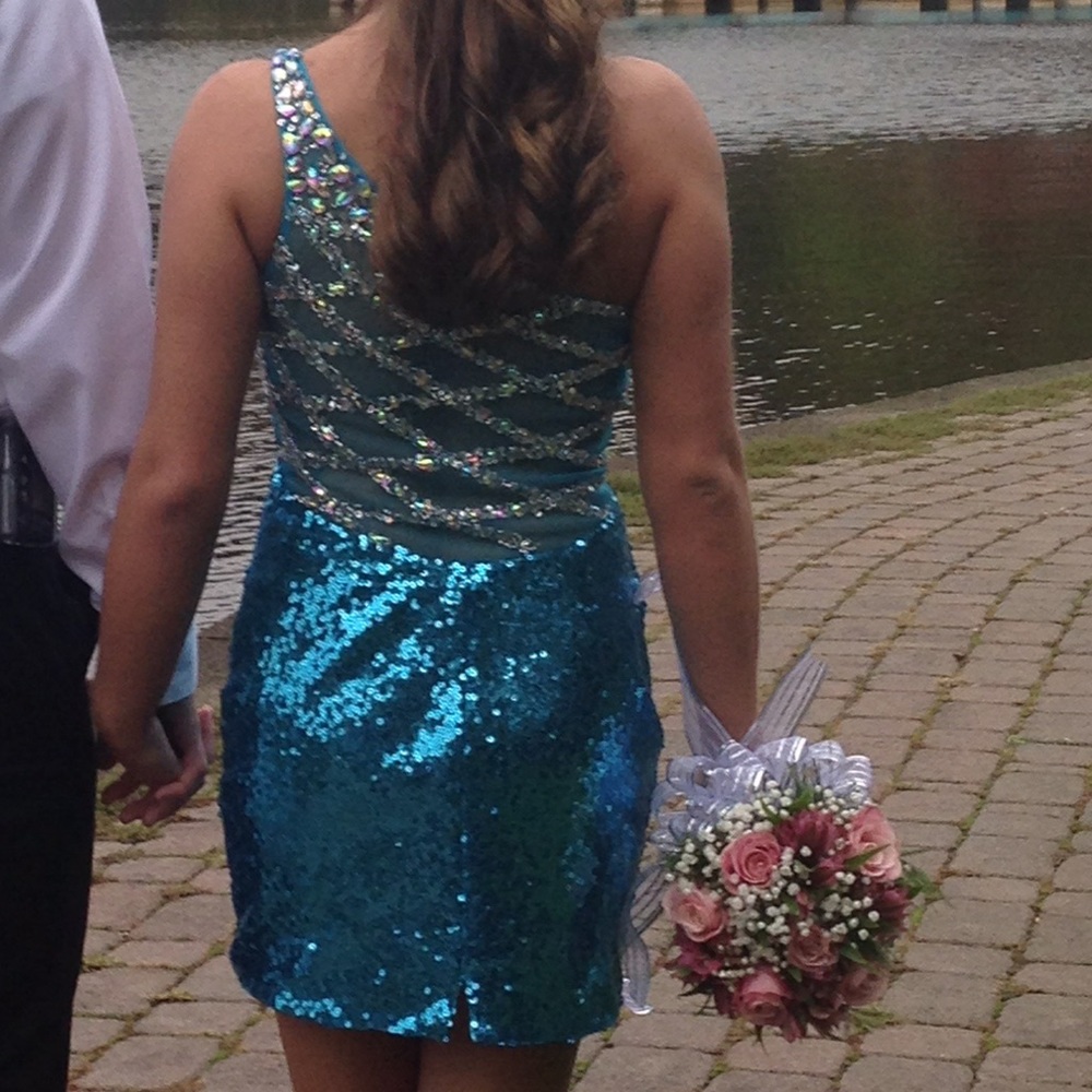 Teal sequined homecoming dress