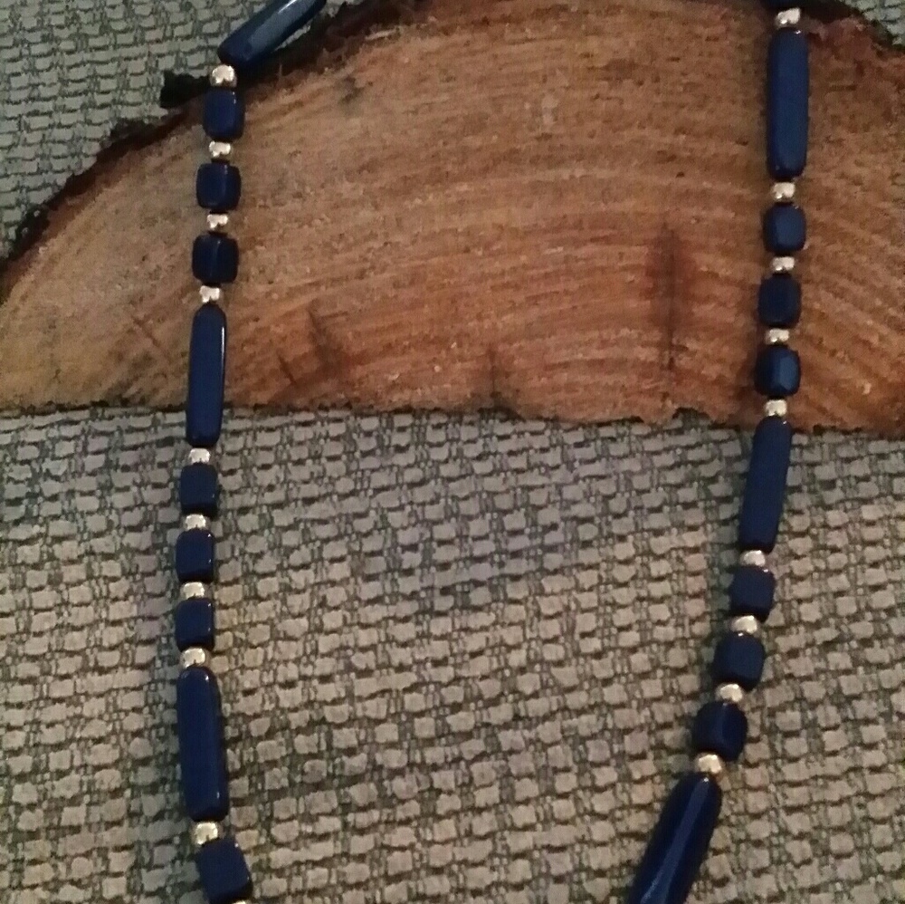 Sold...Navy blue and gold beaded necklace ?Trefari