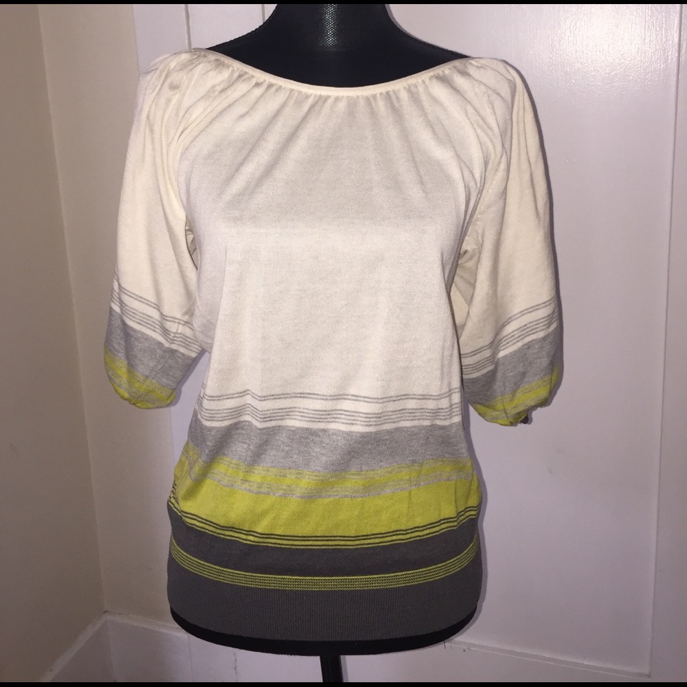 BCBGMAXAZRIA Cream Wide Neck Striped Silk Top