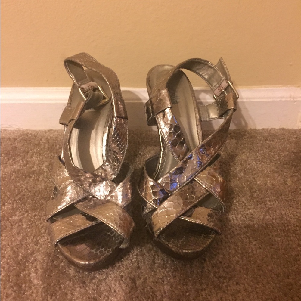 Tan, silver summer heels