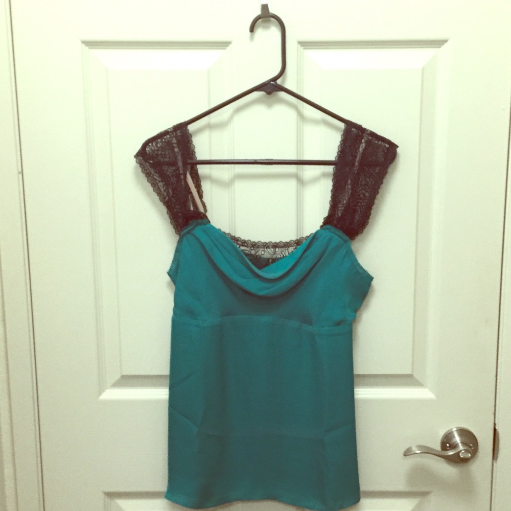 BCBG Max Azria teal silk top with lace straps