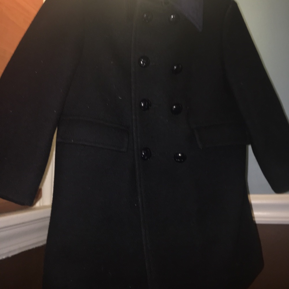 Black double breasted button up dress coat.