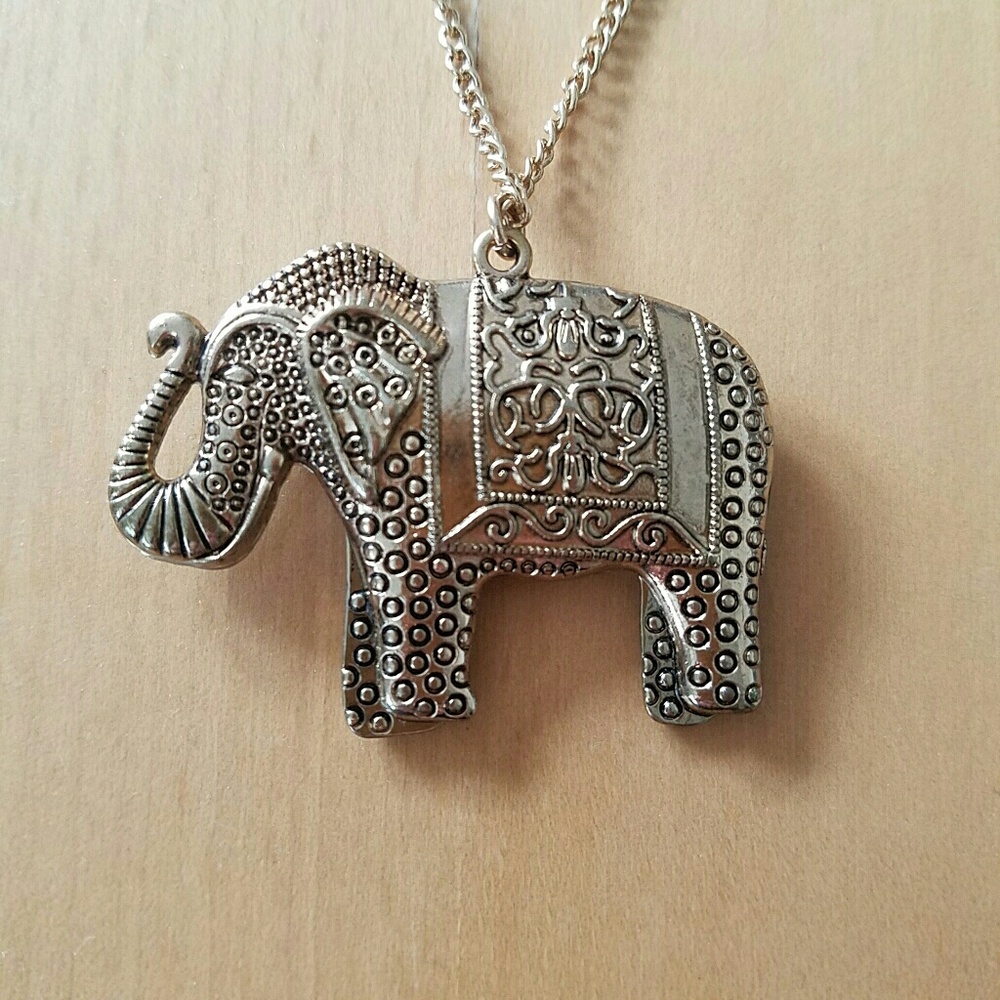 Elephant Pendant Long Necklace Gold Tone