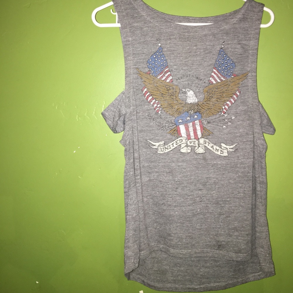 Grey "United We Stand" tank with side straps.