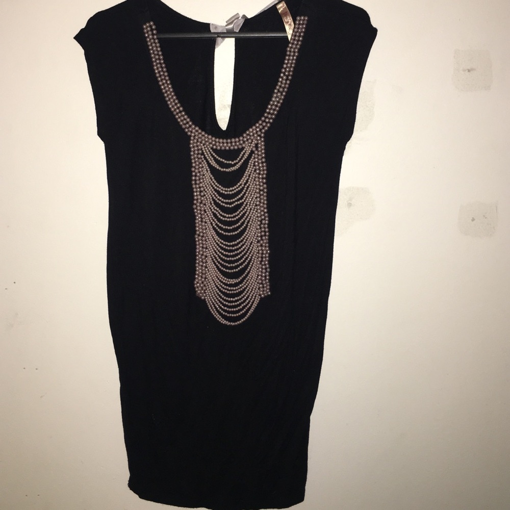 Boutique Black Mini Dress with pink pearls