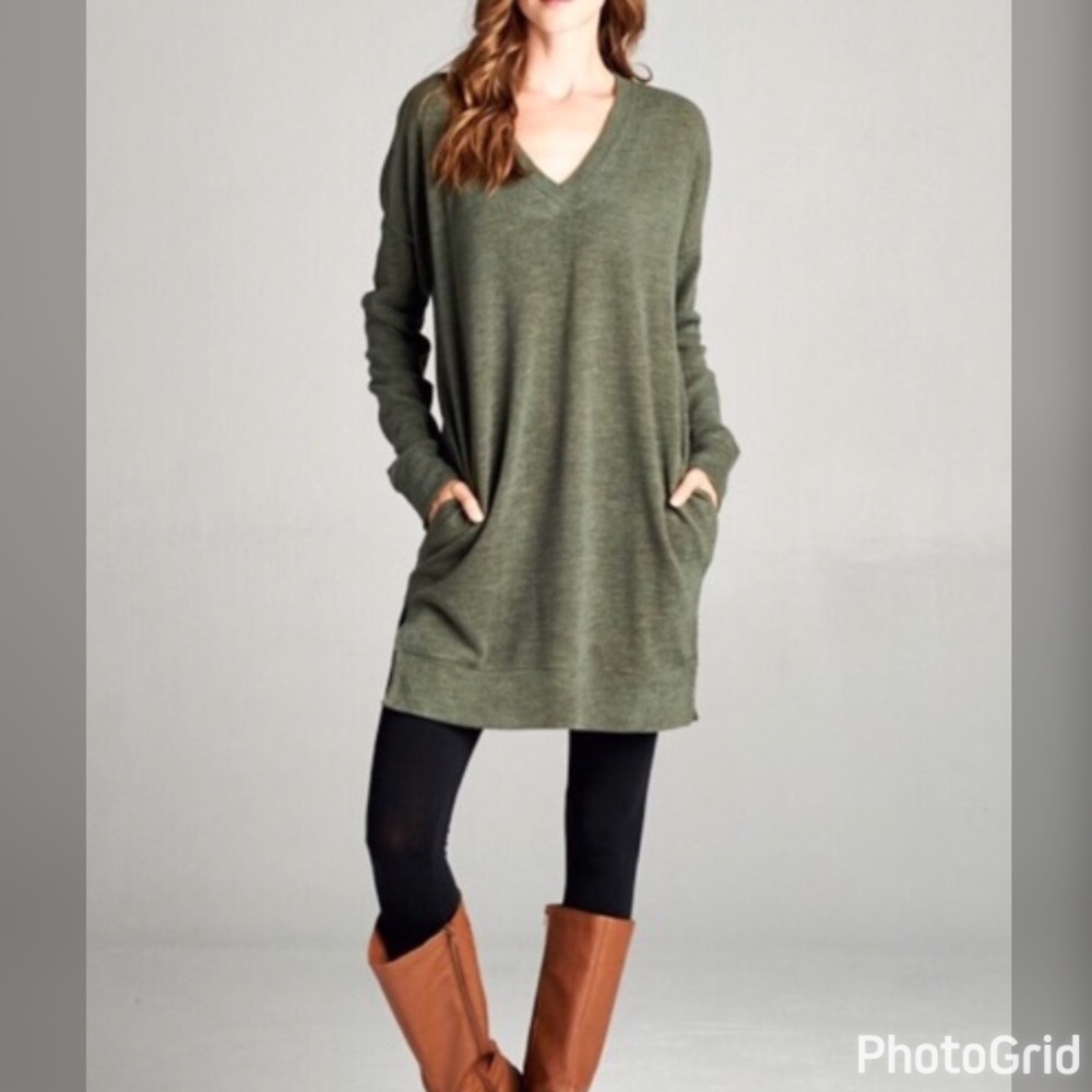 NWOT Oversized 33” Olive V neck with side pockets