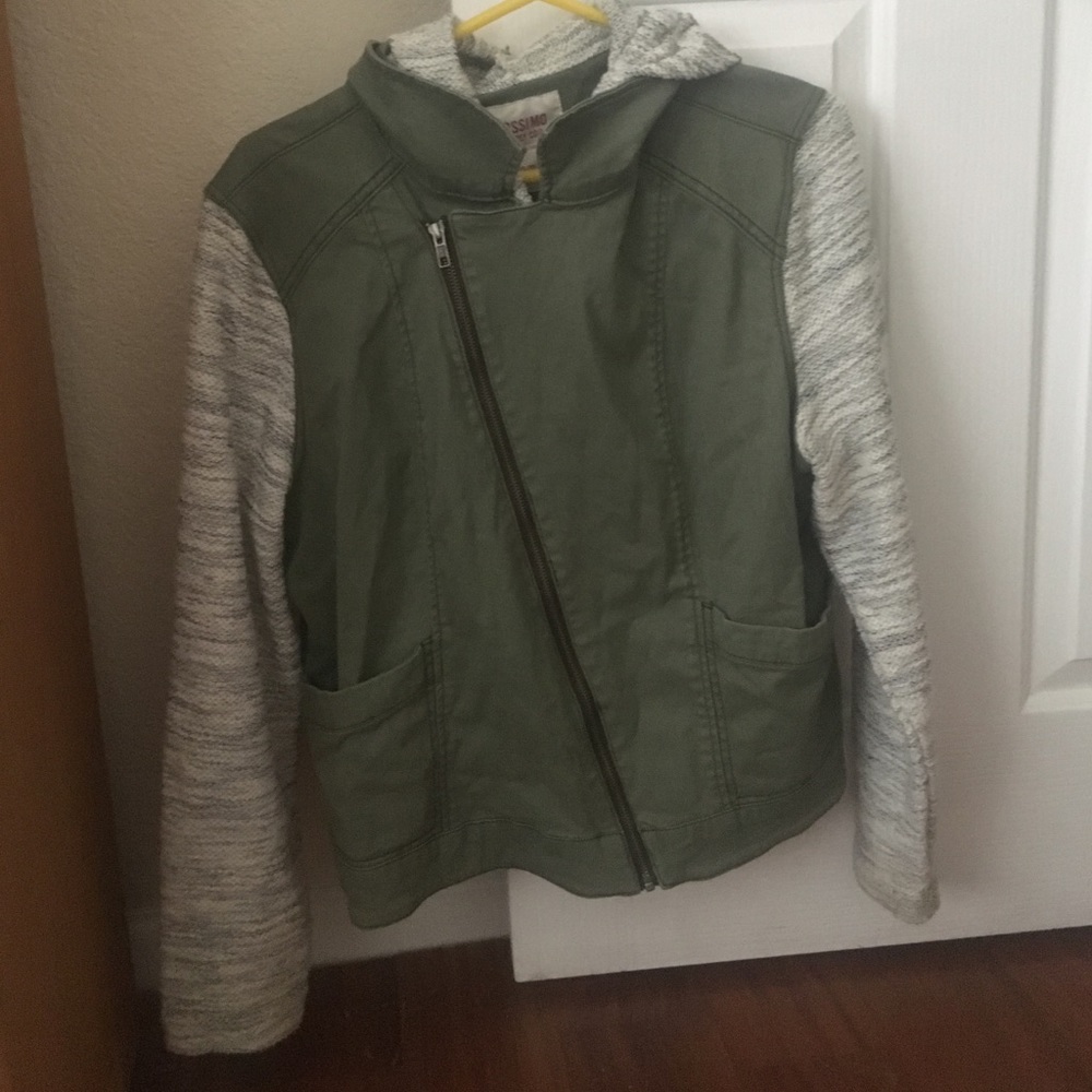 Diagonally zipped, Army green jacket