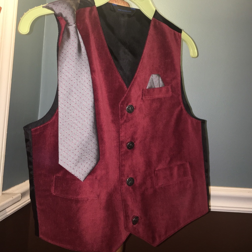 Red velour vest with tie and pocket square