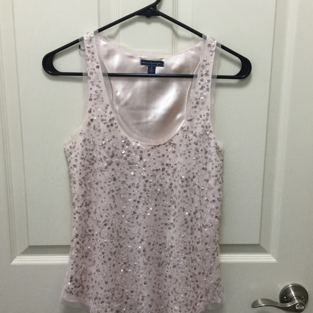 AE pale blush pink tulle and sequin overlay top