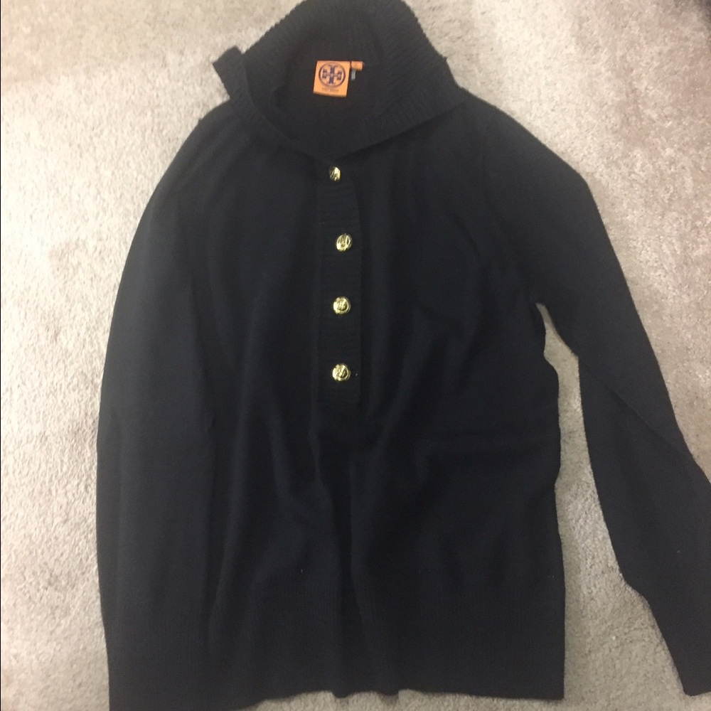 Tory Burch  black sweater with gold logo buttons