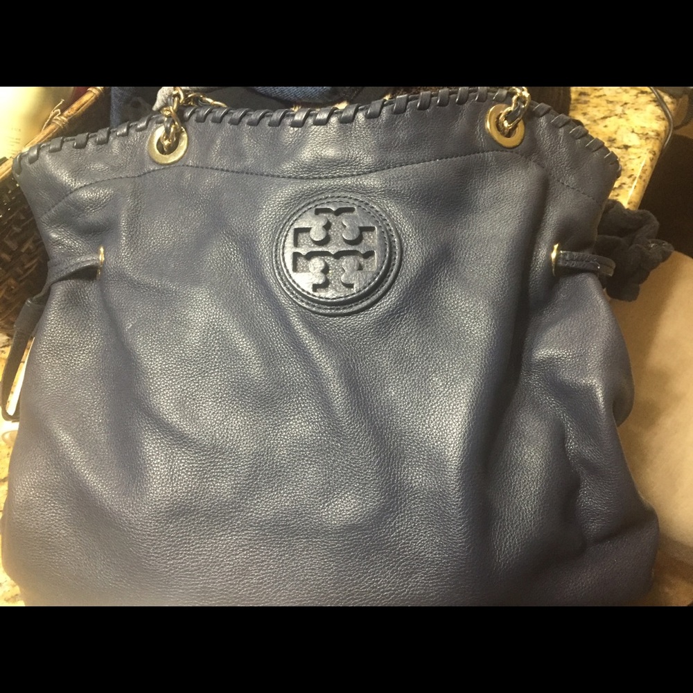 Tory Burch navy tote bag with gold chain strap