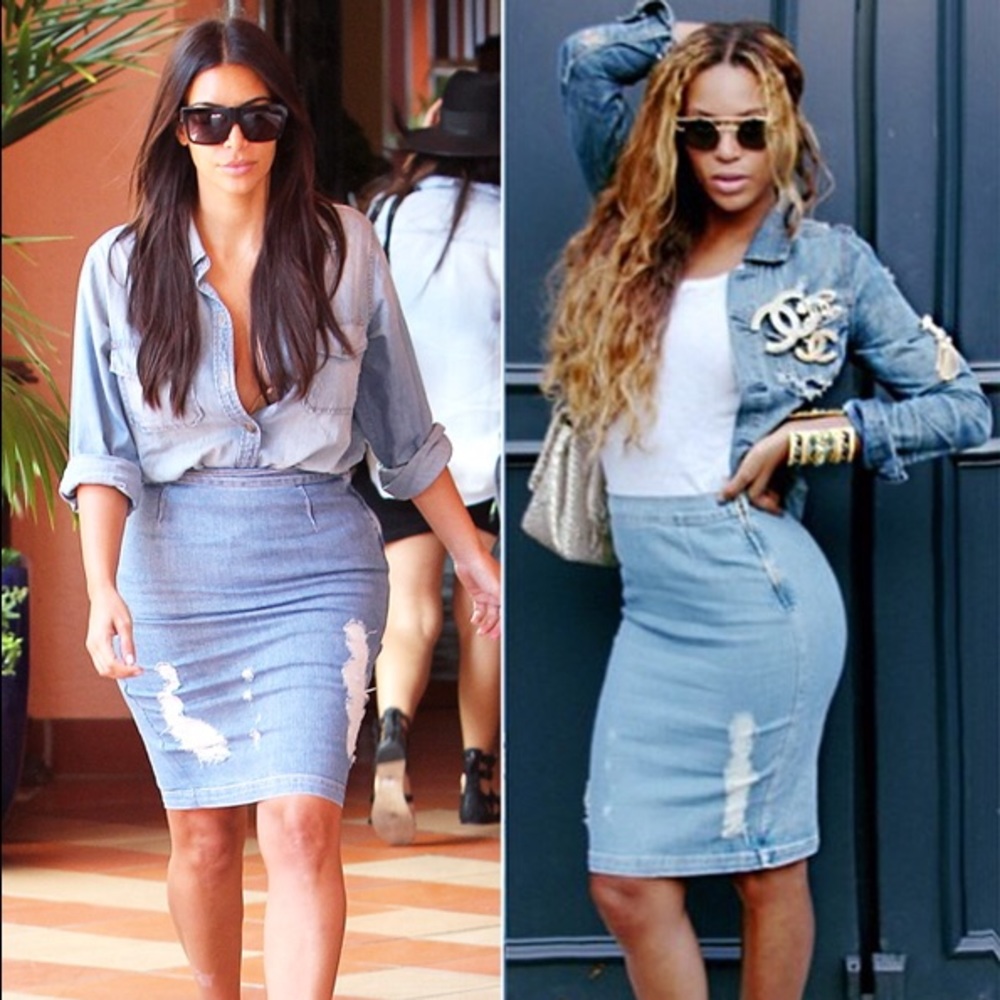Distressed Light Denim Knee Midi Skirt