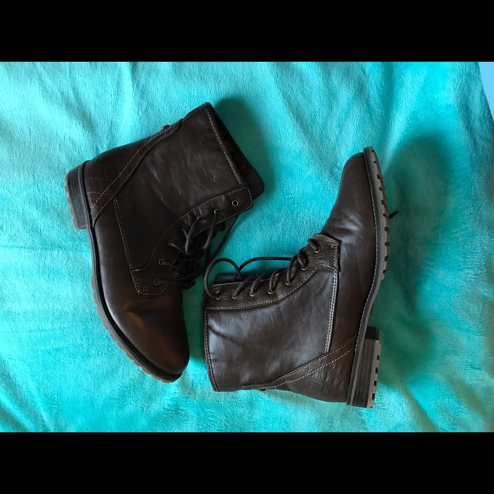Brown leather combat boots