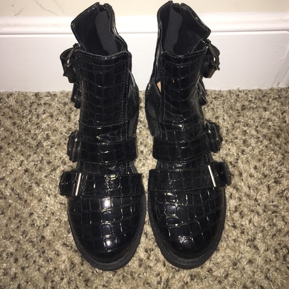 Black snake skin printed cut out ankle boot