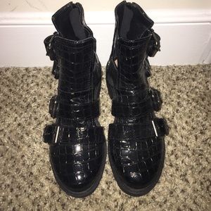 Black snake skin printed cut out ankle boot