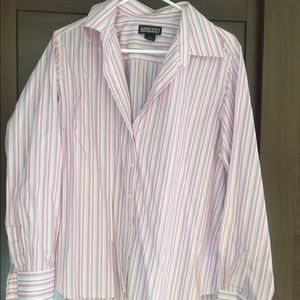 Pink striped Lands End women's dress shirt