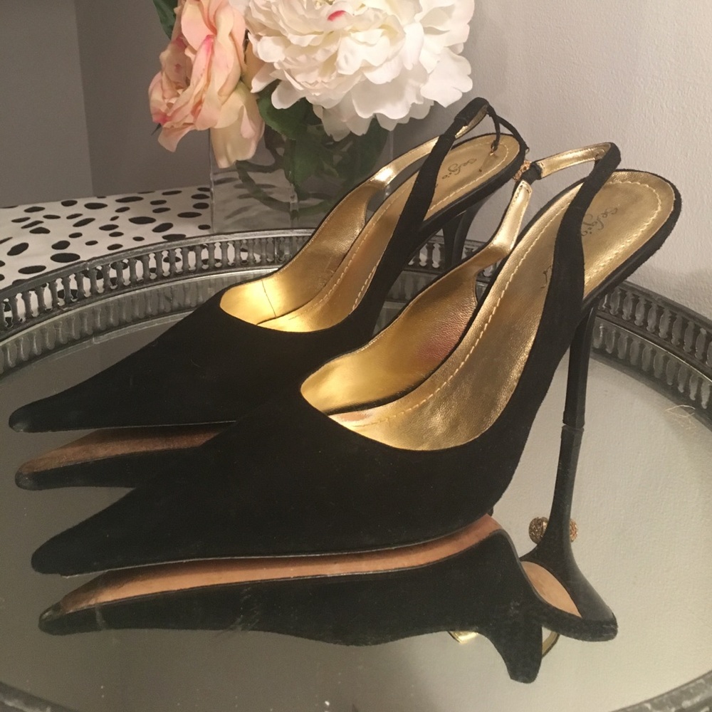 Black crushed velvet sling back pumps.
