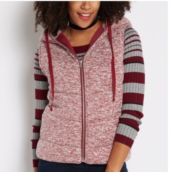 Burgundy knit hooded puffer zip up vest - Picture 2 of 5