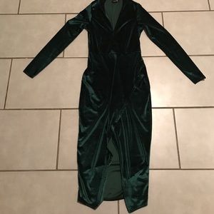 Green velvet deep v midi dress