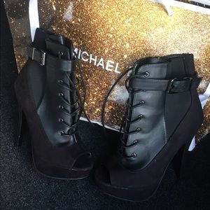 Peep Toe Black Leather Suede Stiletto Booties