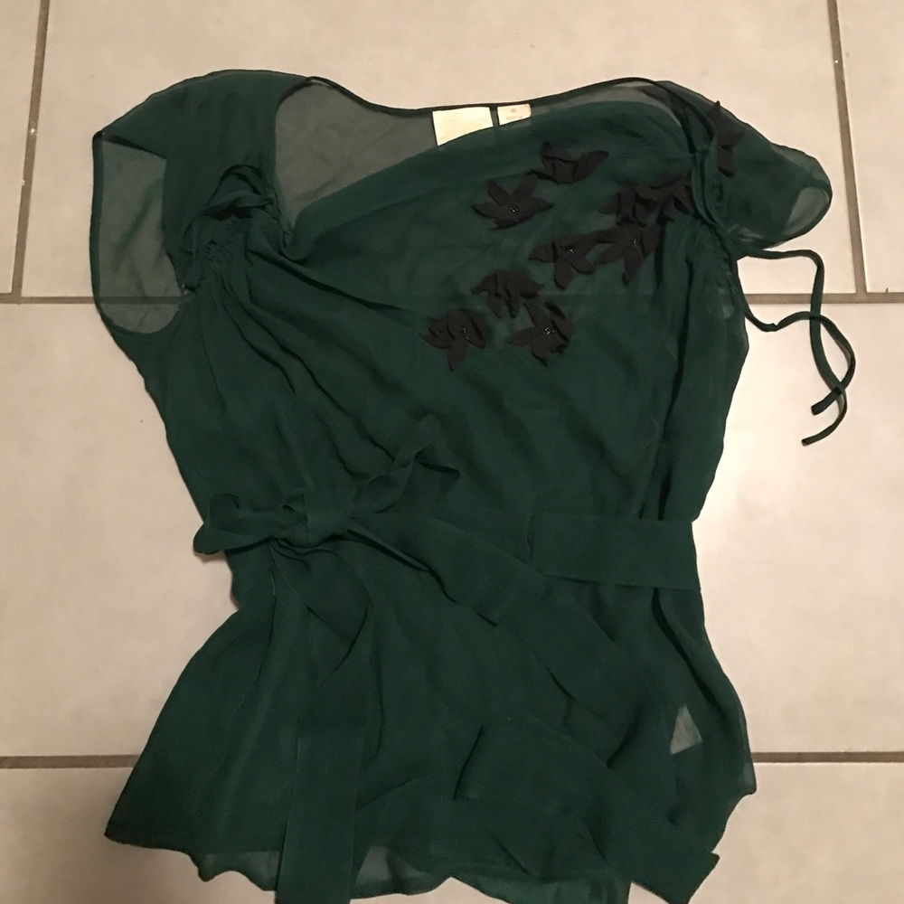 Green silk chiffon floral appliqué blouse
