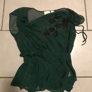 Green silk chiffon floral appliqué blouse
