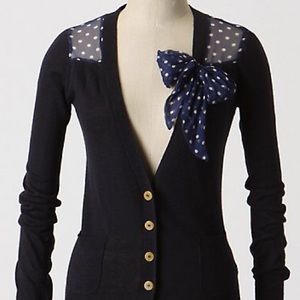 Anthropologie Navy Blue Polkadot Bow Cardigan XS