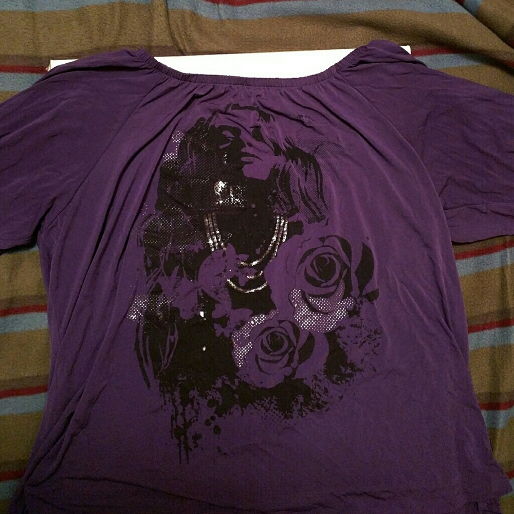 Purple graphic print 3/4 sleeve off shoulder top