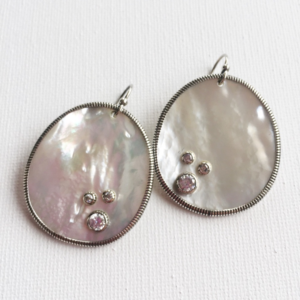 Silver, Shell, and Zircon Earrings