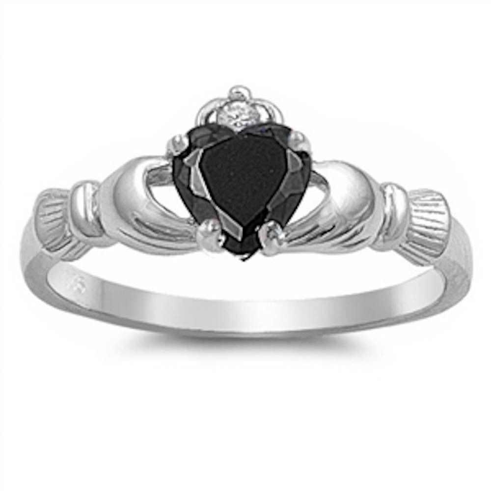 Sterling Silver Black CZ Claddagh Promise Ring