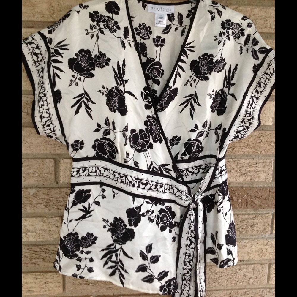 WH/BM Floral Wrap Blouse Sz L 100% Silk ~PRETTY
