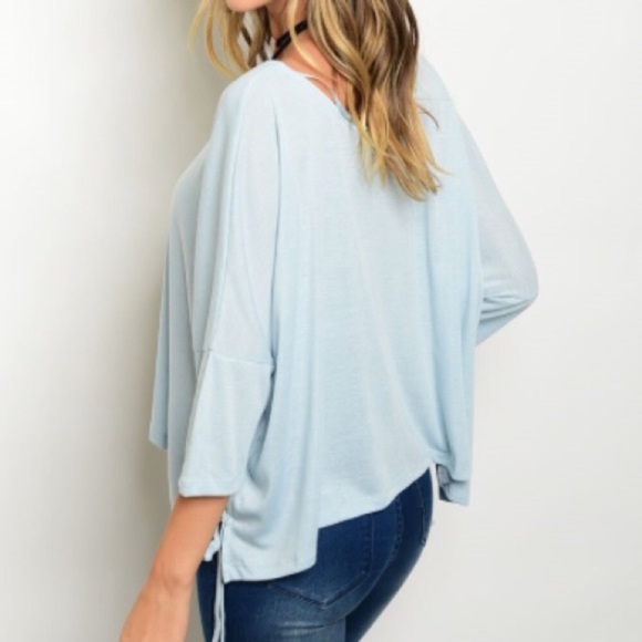 Light Blue Asymmetrical Loose Fit 3/4 Sleeve Top - Picture 2 of 5