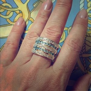 Wide band SS White and blue CZ ring