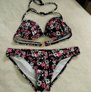 Black/Pink Floral Bikini NWOT