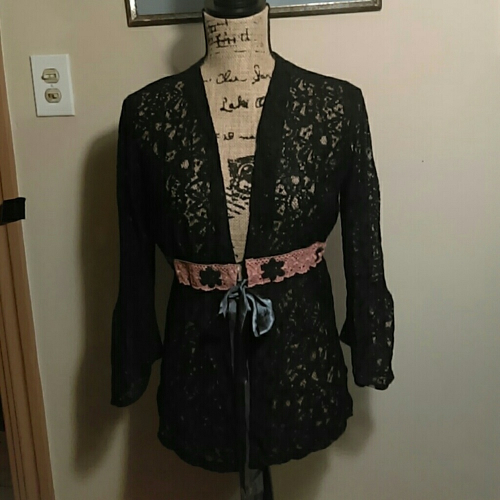 Black lace tie-front blouse cover-up