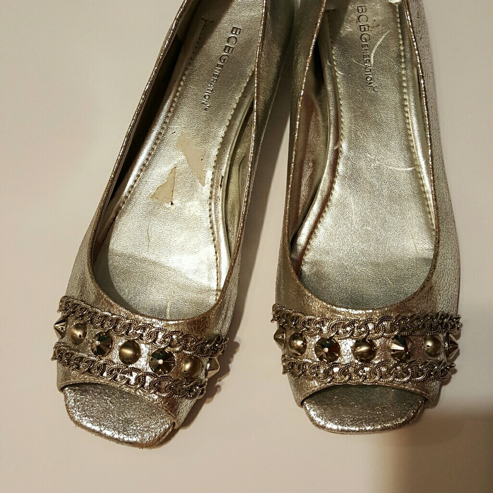 Silver peep toe flats