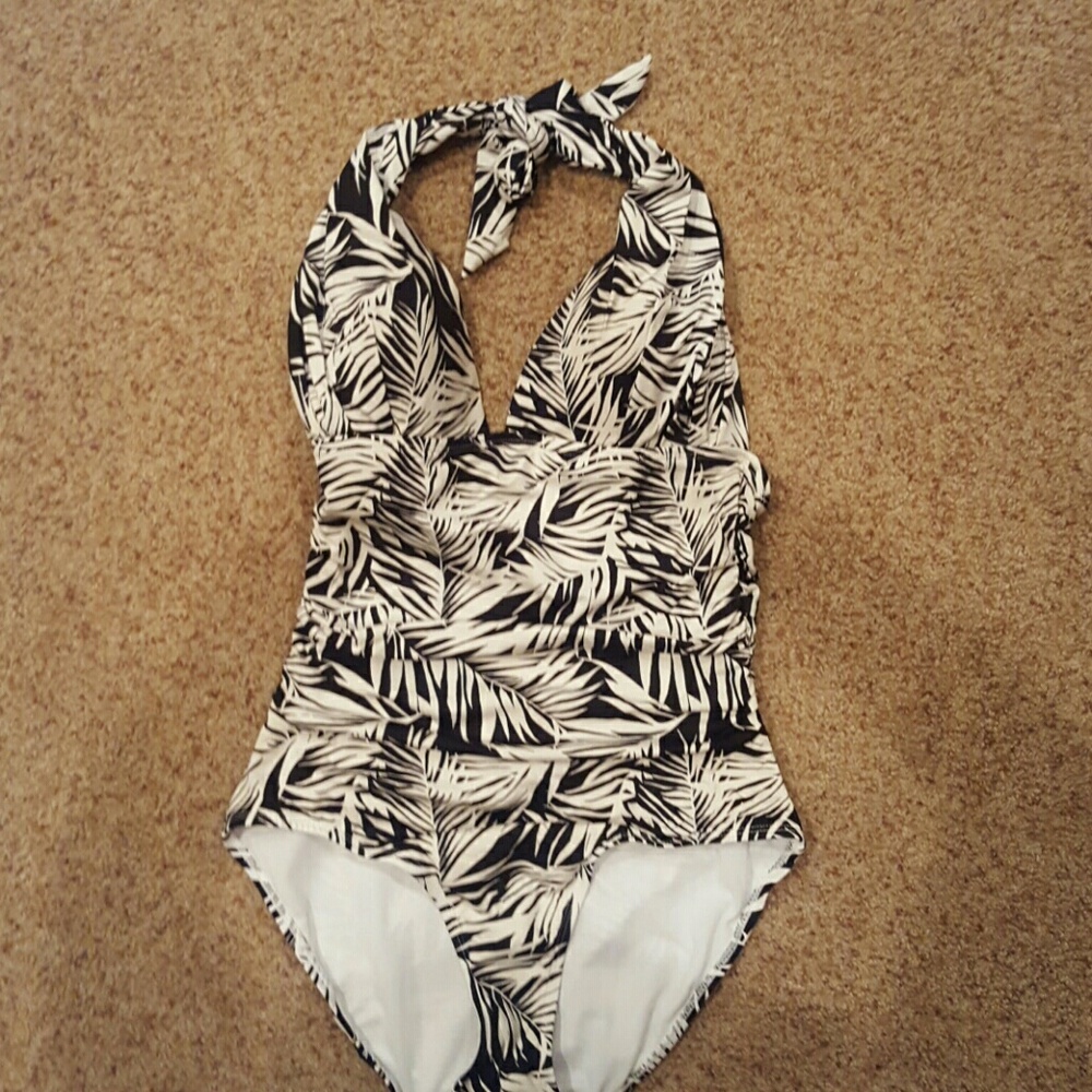 Black and white halter one piece.