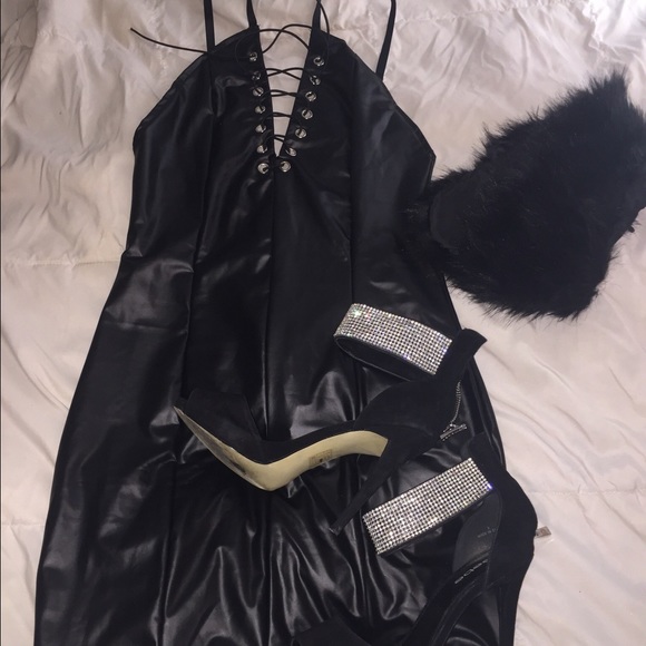 "Laced Up" Black PU Leather Mini Dress - Picture 2 of 8