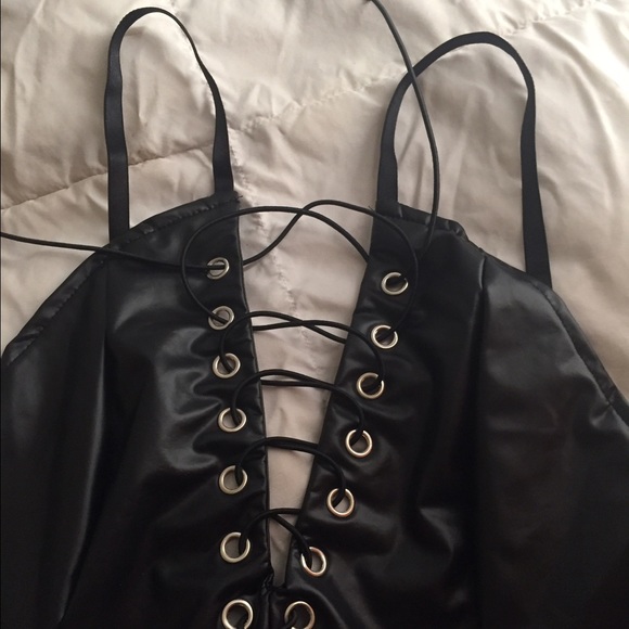 "Laced Up" Black PU Leather Mini Dress - Picture 5 of 8