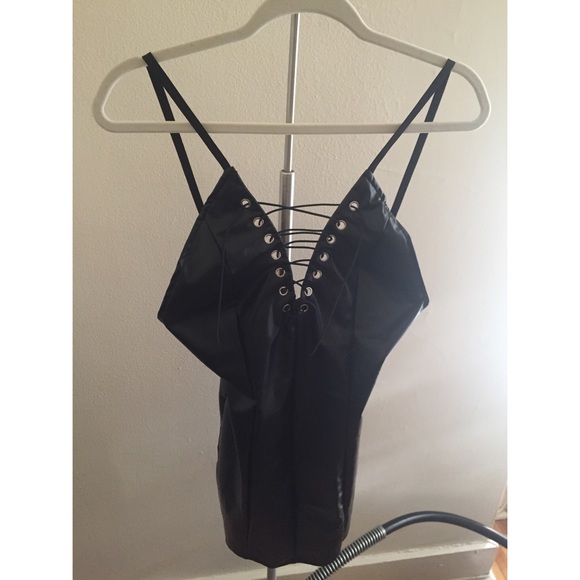 "Laced Up" Black PU Leather Mini Dress - Picture 7 of 8