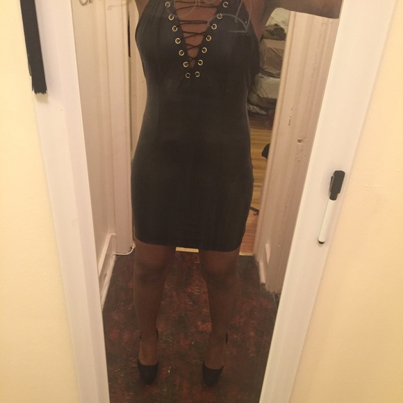 "Laced Up" Black PU Leather Mini Dress - Picture 4 of 8