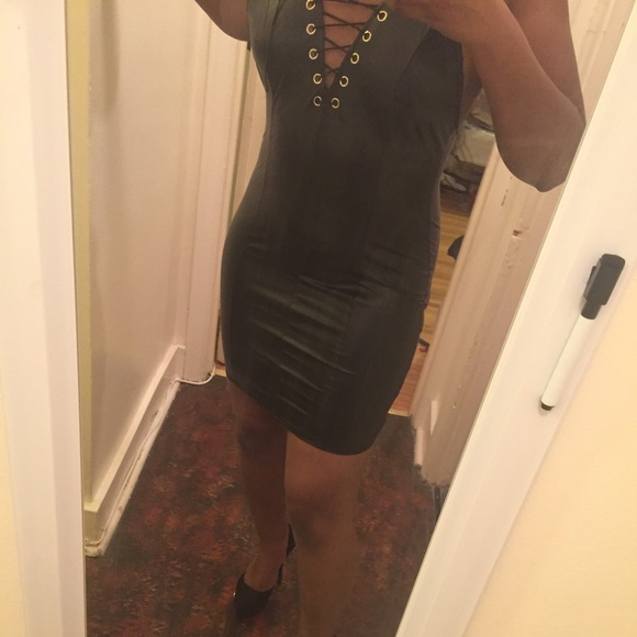 "Laced Up" Black PU Leather Mini Dress - Picture 3 of 8