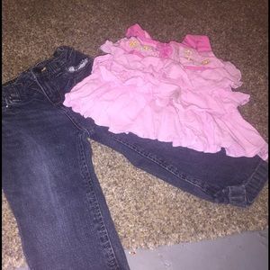 Jeans and pink blouse