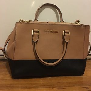 Michael Kors Sand and Black Color Block Satchel.