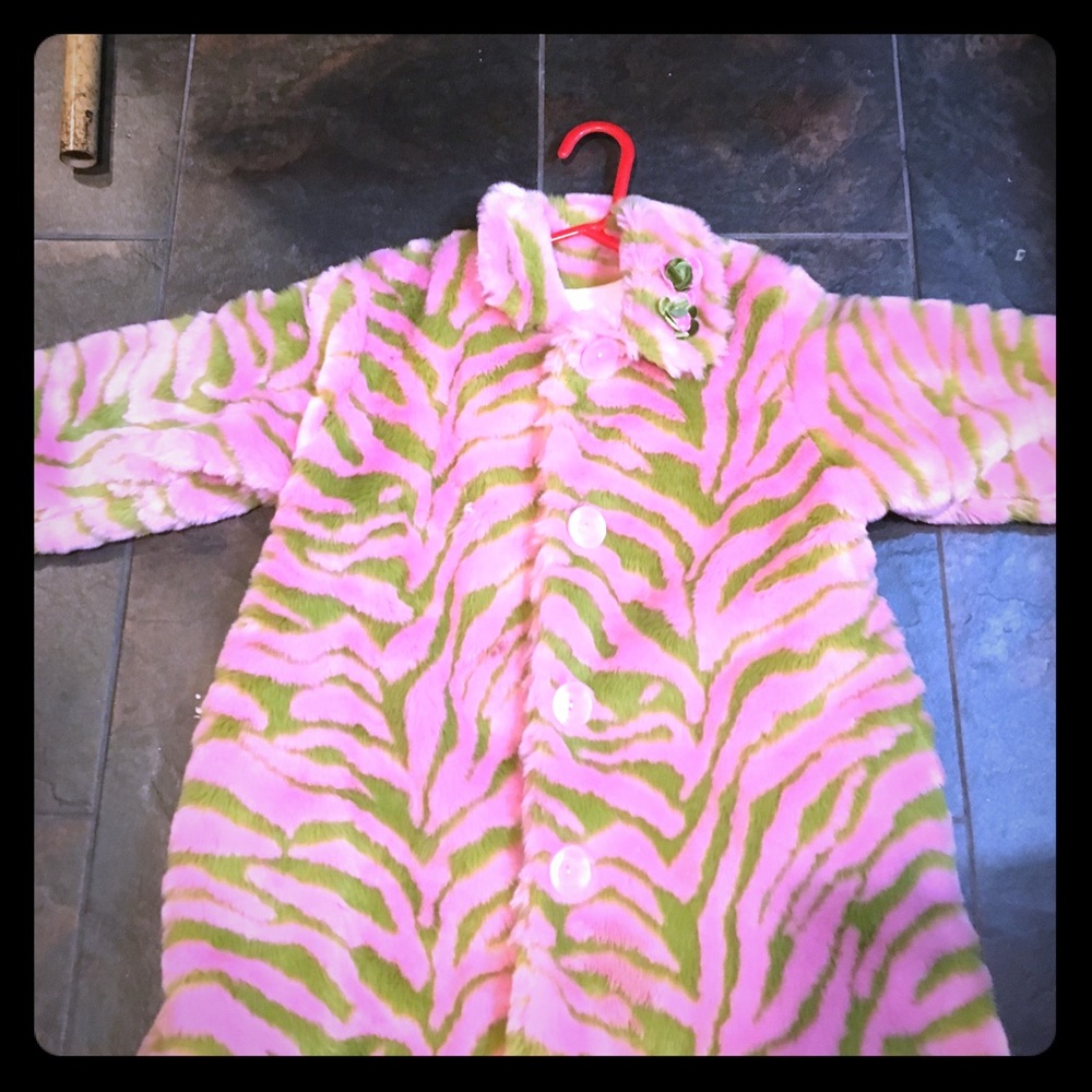 Girls Pink & green zebra fun fur winter jacket