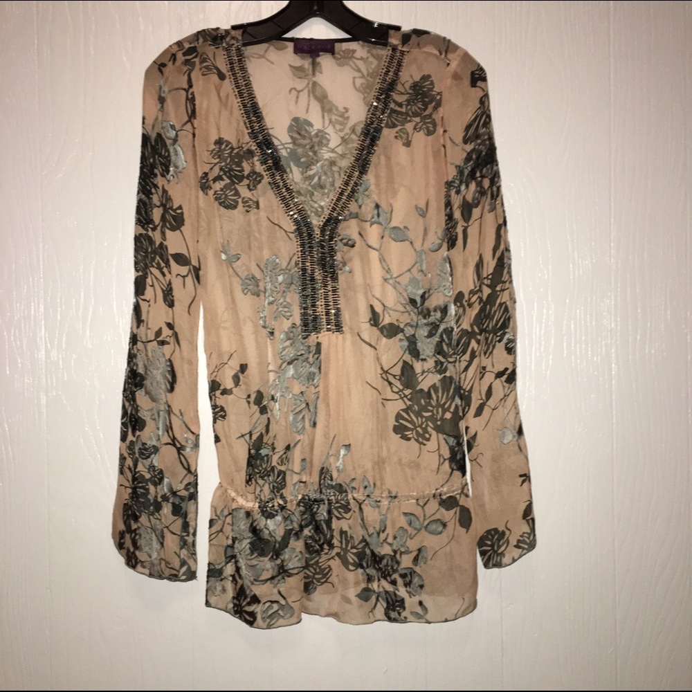Hale Bob beaded floral print sheer top