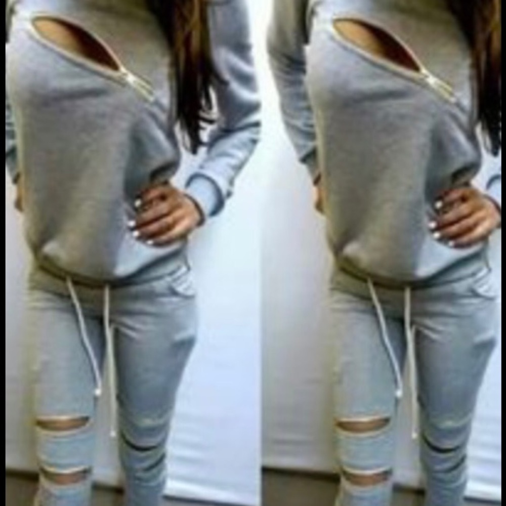 Gray Sweatsuit with Zipper Detail