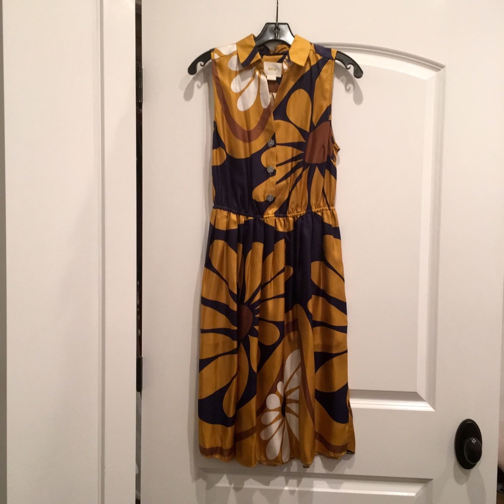 Navy & Mustard Print Shirtdress w/ Pockets
