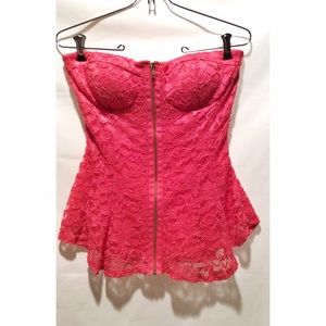 Fuchsia lace zip up tube top